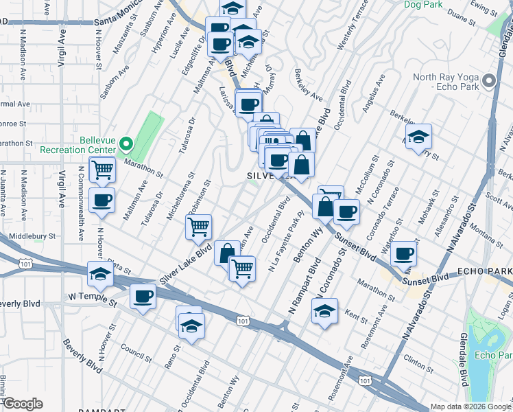 map of restaurants, bars, coffee shops, grocery stores, and more near in Los Angeles