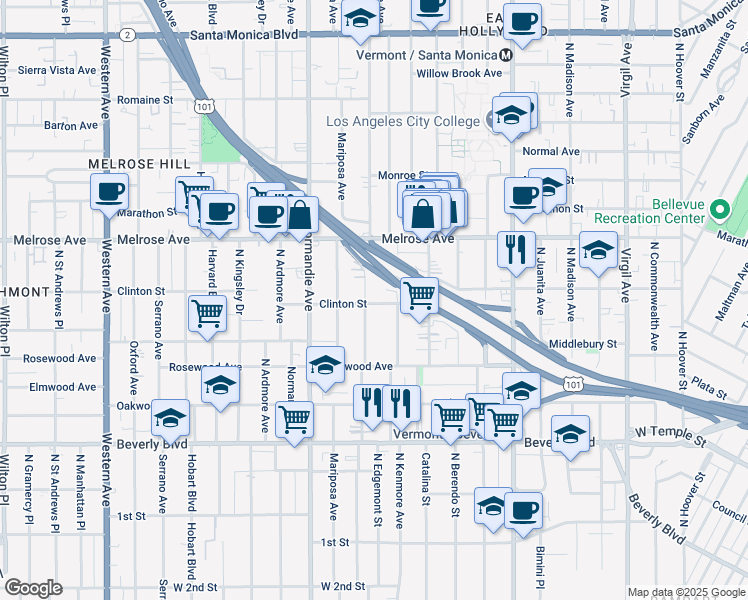 map of restaurants, bars, coffee shops, grocery stores, and more near 4321 Clinton Street in Los Angeles