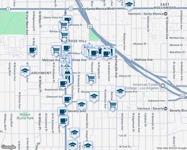 map of restaurants, bars, coffee shops, grocery stores, and more near 4710 Clinton Street in Los Angeles