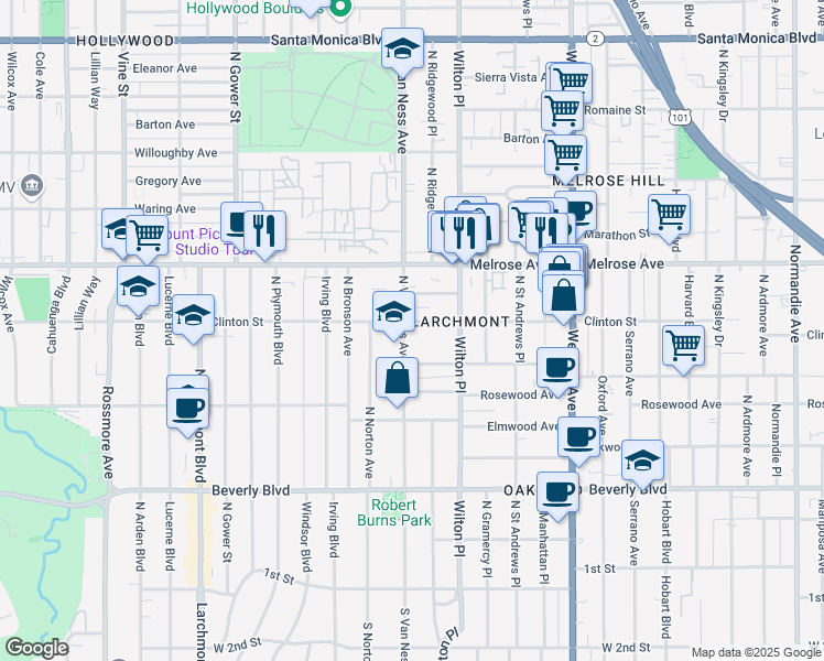 map of restaurants, bars, coffee shops, grocery stores, and more near 542 North Van Ness Avenue in Los Angeles