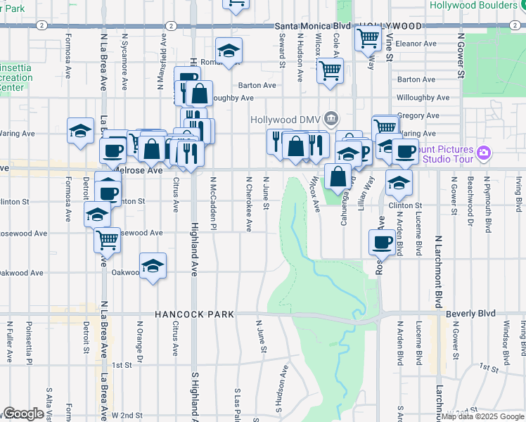 map of restaurants, bars, coffee shops, grocery stores, and more near 536 North Cherokee Avenue in Los Angeles
