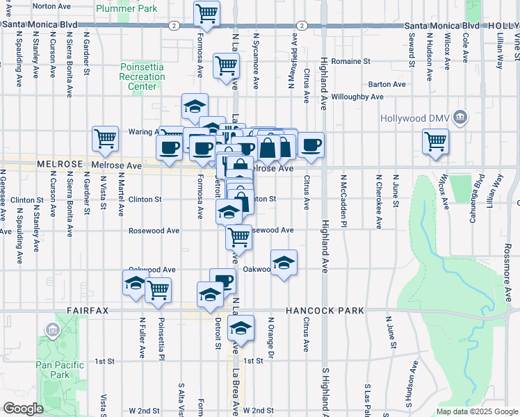 map of restaurants, bars, coffee shops, grocery stores, and more near 540 North Sycamore Avenue in Los Angeles