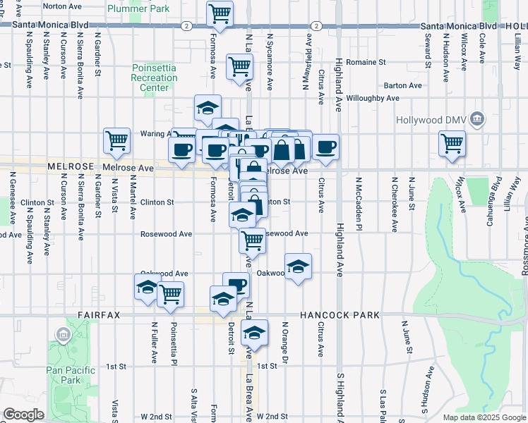map of restaurants, bars, coffee shops, grocery stores, and more near 540 North Sycamore Avenue in Los Angeles