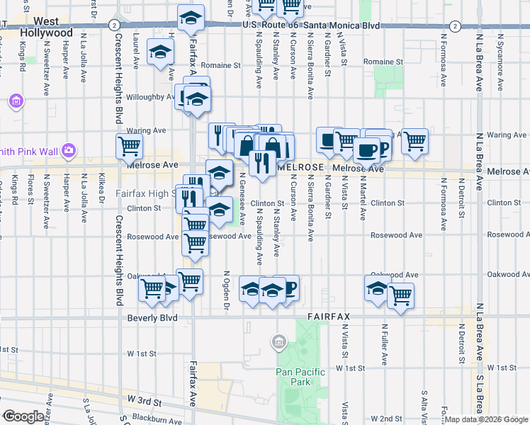 map of restaurants, bars, coffee shops, grocery stores, and more near 545 North Spaulding Avenue in Los Angeles