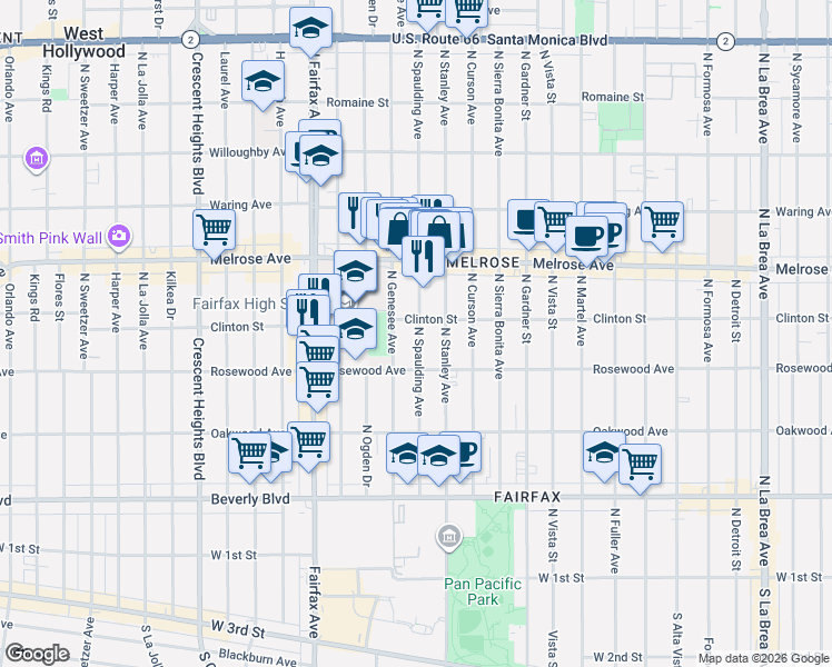 map of restaurants, bars, coffee shops, grocery stores, and more near 545 North Spaulding Avenue in Los Angeles