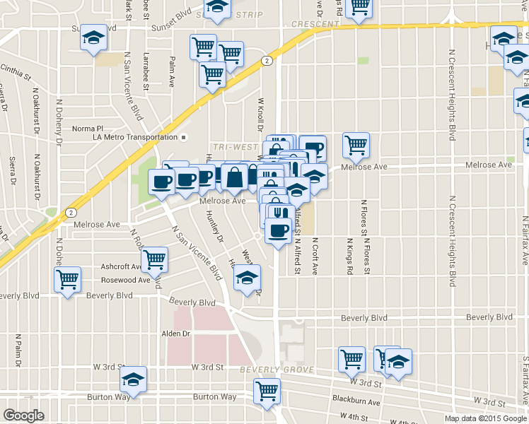 map of restaurants, bars, coffee shops, grocery stores, and more near in West Hollywood