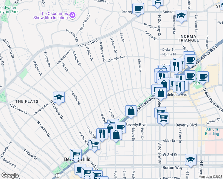 map of restaurants, bars, coffee shops, grocery stores, and more near 605 North Hillcrest Road in Beverly Hills