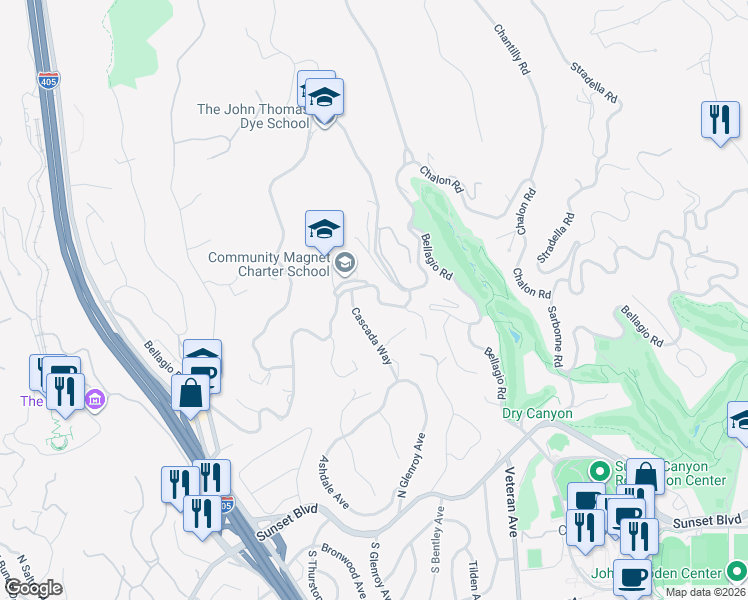 map of restaurants, bars, coffee shops, grocery stores, and more near 11224 Bellagio Road in Los Angeles
