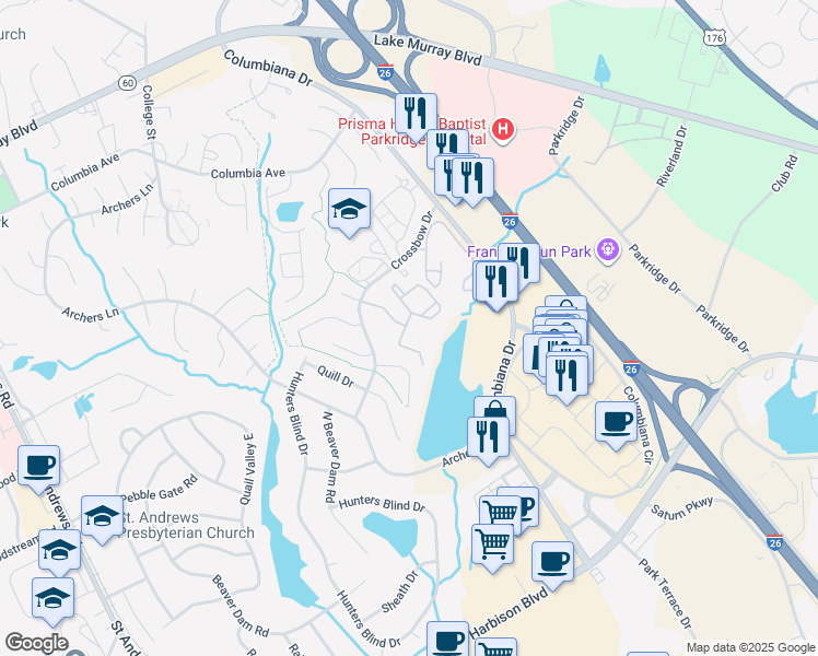 map of restaurants, bars, coffee shops, grocery stores, and more near 250 Crossbow Drive in Columbia