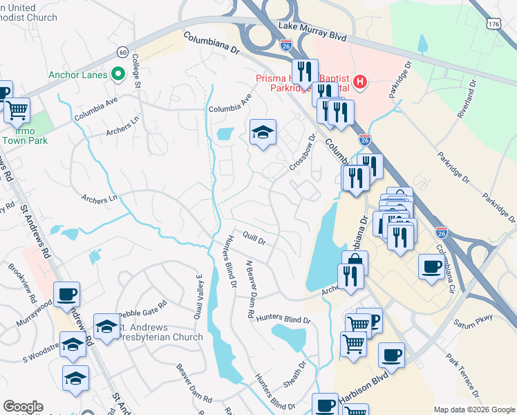 map of restaurants, bars, coffee shops, grocery stores, and more near 109 Crossbow Court in Columbia