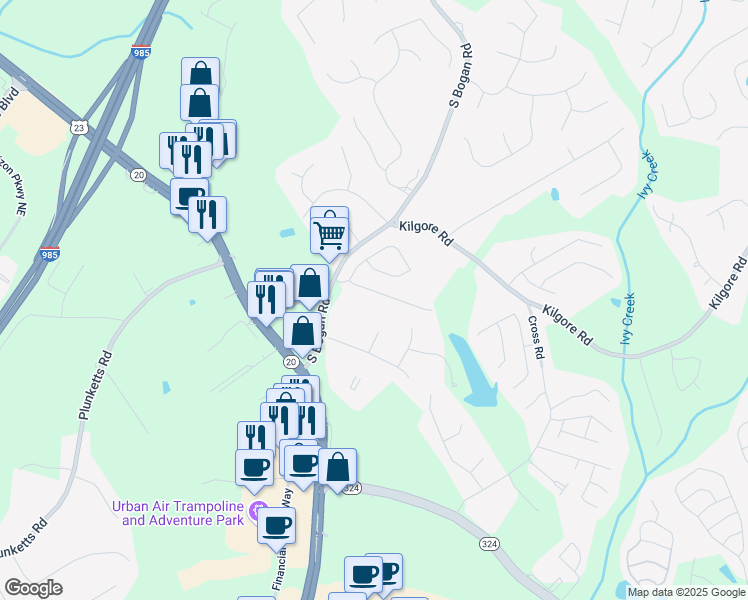 map of restaurants, bars, coffee shops, grocery stores, and more near 3526 Harvest Ridge Lane Northeast in Buford