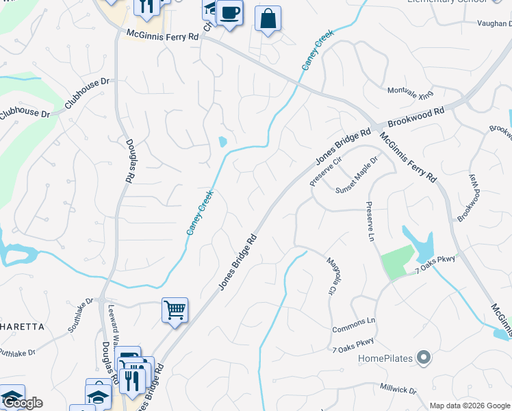 map of restaurants, bars, coffee shops, grocery stores, and more near 435 Eastbourne Way in Alpharetta