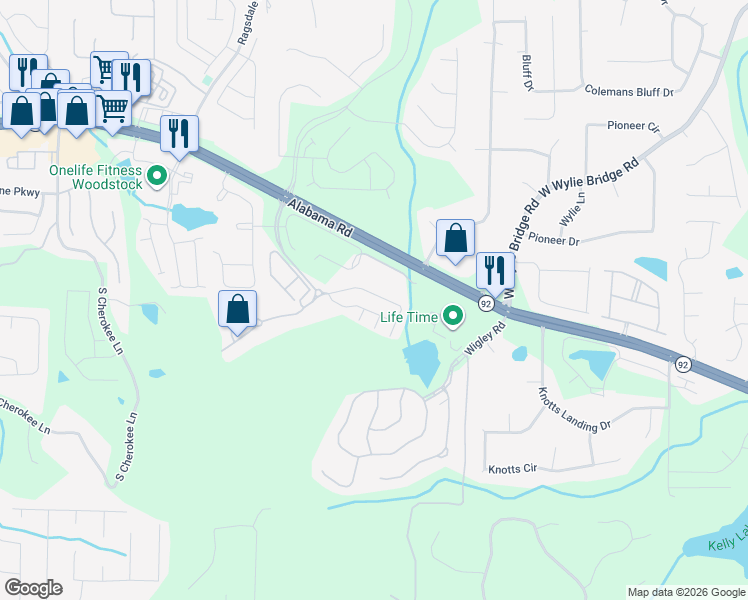 map of restaurants, bars, coffee shops, grocery stores, and more near 432 Mountain View Lane in Woodstock