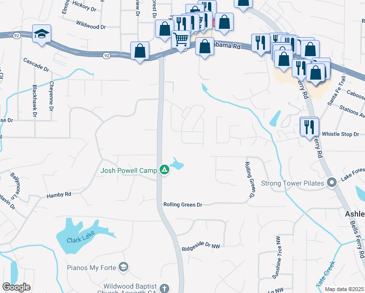 map of restaurants, bars, coffee shops, grocery stores, and more near 448 Marston Pass in Acworth