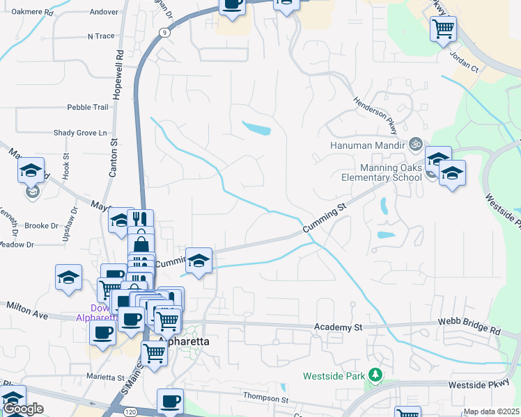 map of restaurants, bars, coffee shops, grocery stores, and more near 204 Cold Creek Drive in Alpharetta