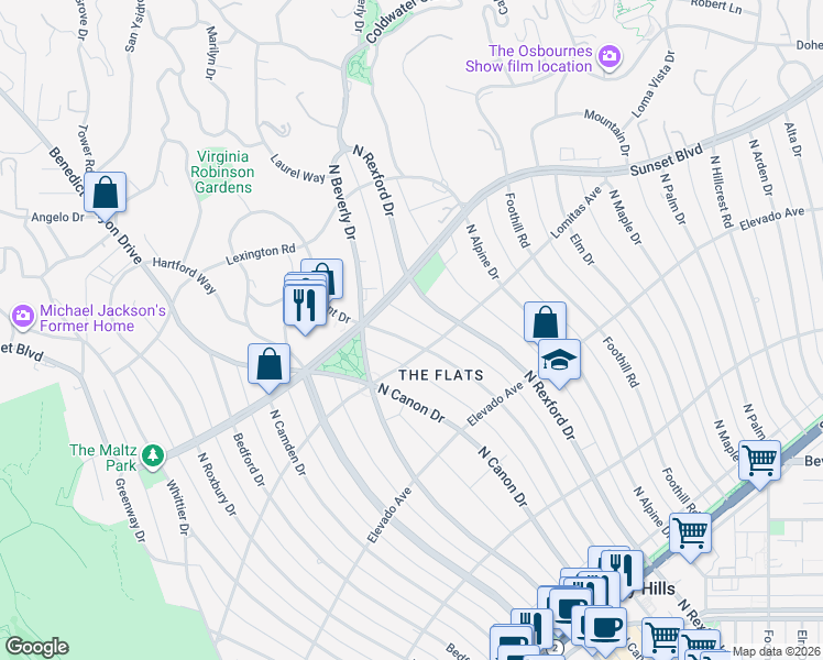 map of restaurants, bars, coffee shops, grocery stores, and more near 806 North Crescent Drive in Beverly Hills