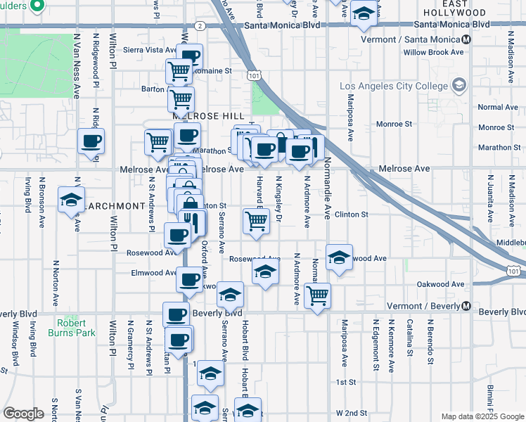 map of restaurants, bars, coffee shops, grocery stores, and more near 4710 Clinton Street in Los Angeles
