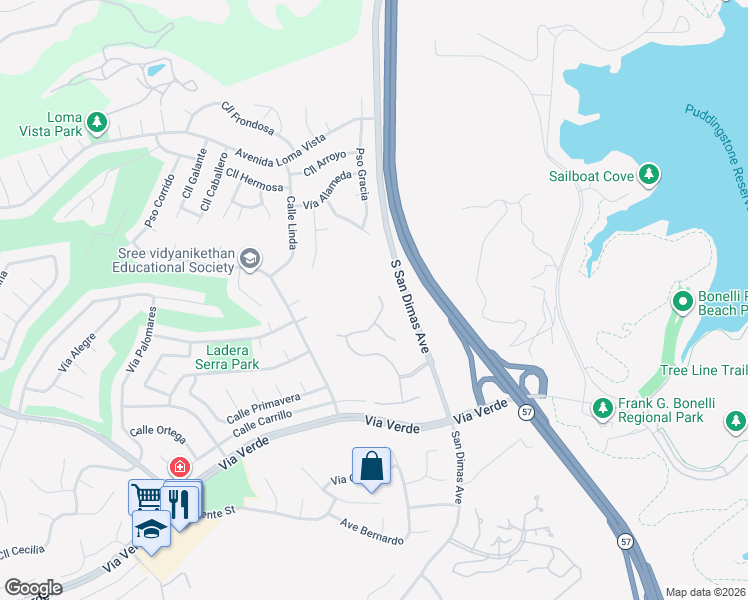 map of restaurants, bars, coffee shops, grocery stores, and more near 519 Calle Monterey in San Dimas