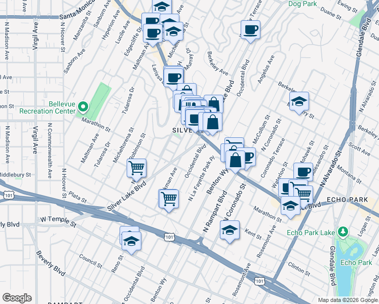 map of restaurants, bars, coffee shops, grocery stores, and more near 846 Silver Lake Boulevard in Los Angeles