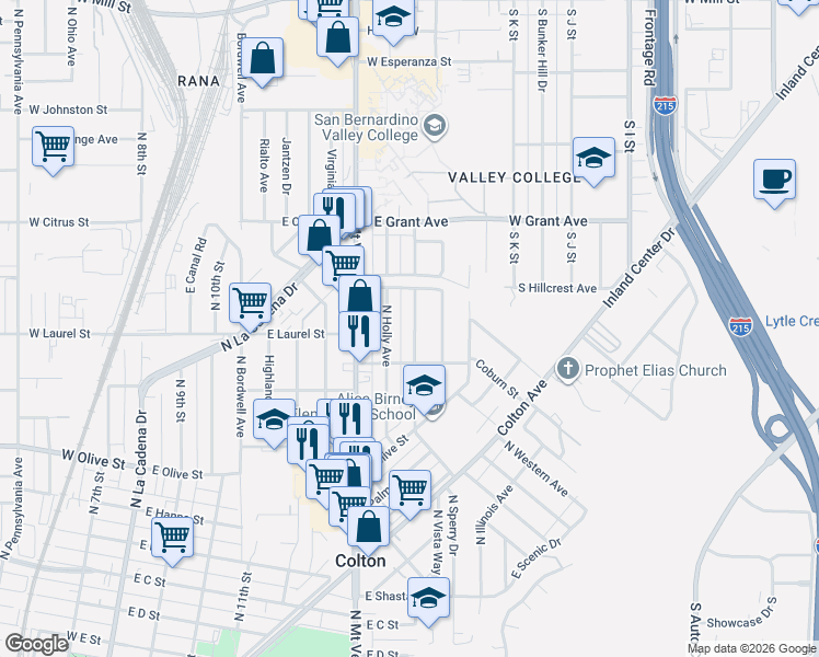 map of restaurants, bars, coffee shops, grocery stores, and more near 1333 North Fairview Avenue in Colton
