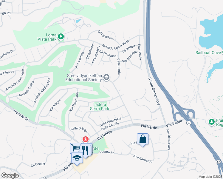map of restaurants, bars, coffee shops, grocery stores, and more near 1642 Calle De Armonia in San Dimas