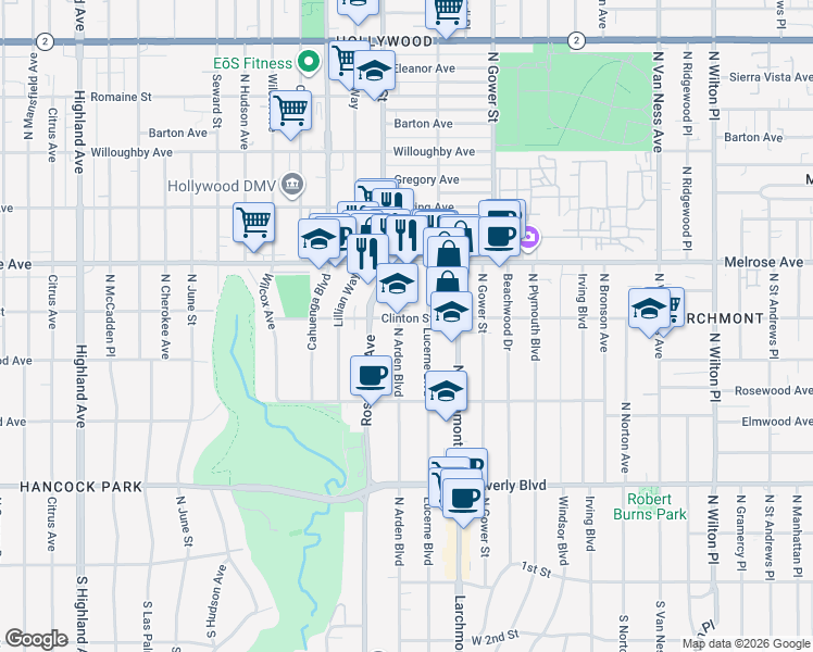 map of restaurants, bars, coffee shops, grocery stores, and more near 584 North Arden Boulevard in Los Angeles