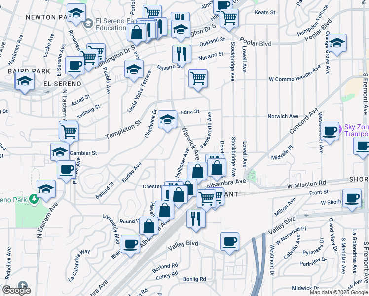 map of restaurants, bars, coffee shops, grocery stores, and more near 3046 Hollister Avenue in Los Angeles