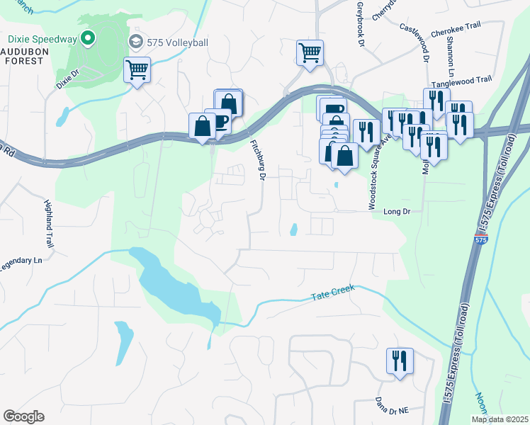 map of restaurants, bars, coffee shops, grocery stores, and more near 131 Fitchburg Drive in Woodstock