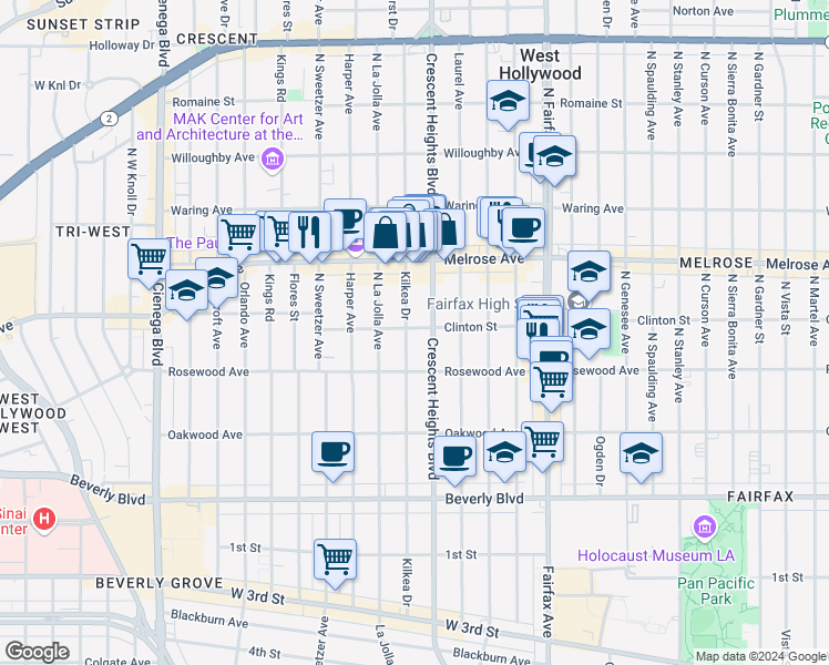 map of restaurants, bars, coffee shops, grocery stores, and more near 542 North Kilkea Drive in Los Angeles