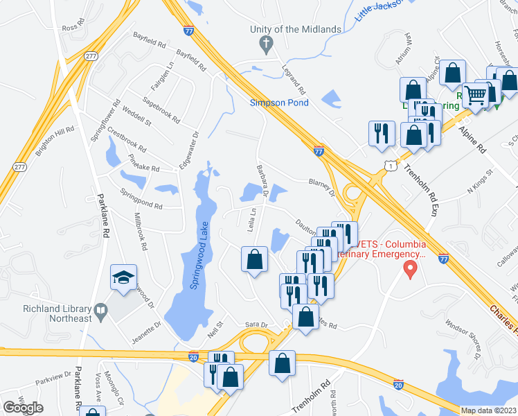 map of restaurants, bars, coffee shops, grocery stores, and more near 1705A Springwoods Lake Drive in Columbia