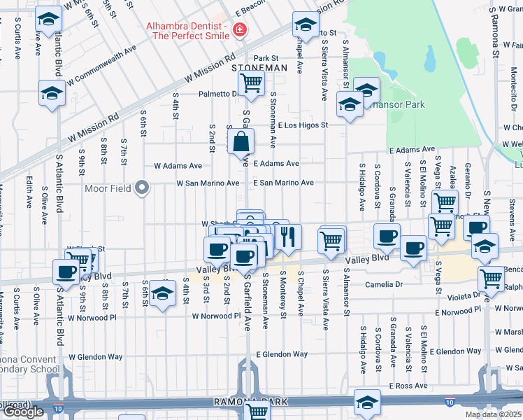 map of restaurants, bars, coffee shops, grocery stores, and more near 1137 South Stoneman Avenue in Alhambra
