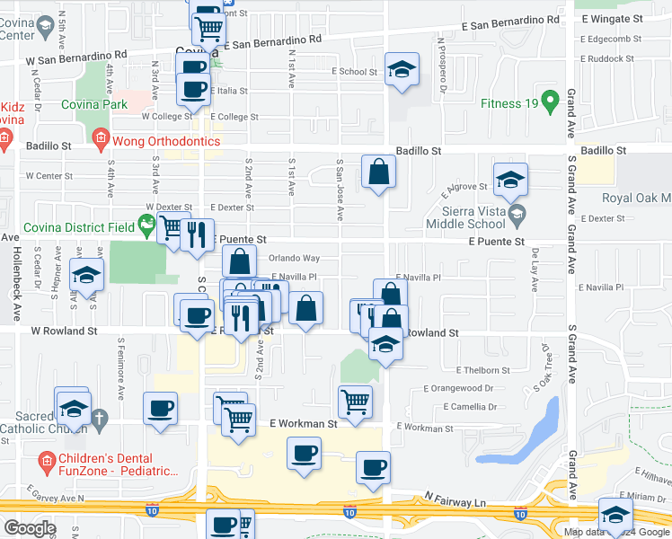 map of restaurants, bars, coffee shops, grocery stores, and more near 381 East Navilla Place in Covina