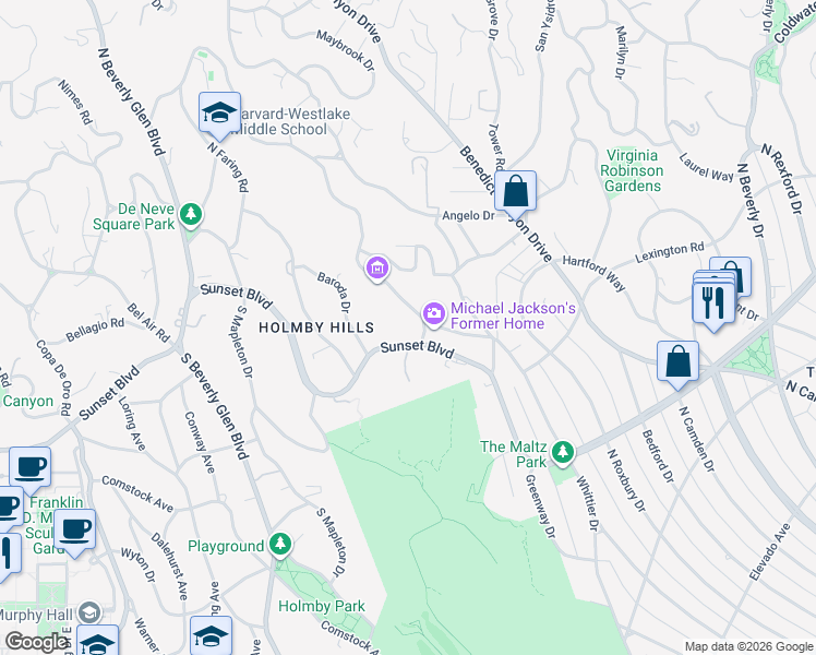 map of restaurants, bars, coffee shops, grocery stores, and more near 225 North Carolwood Drive in Los Angeles