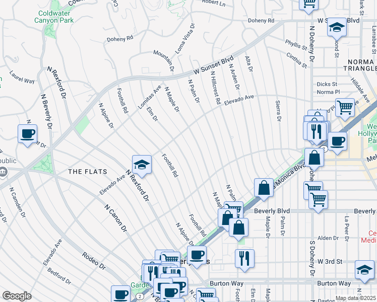 map of restaurants, bars, coffee shops, grocery stores, and more near 622 Elm Drive in Beverly Hills