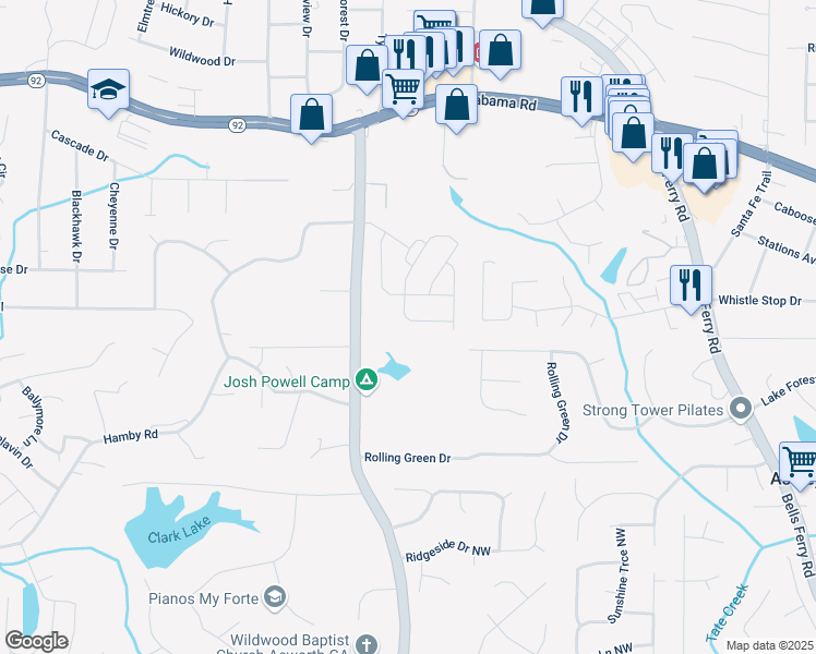 map of restaurants, bars, coffee shops, grocery stores, and more near 448 Marston Pass in Acworth