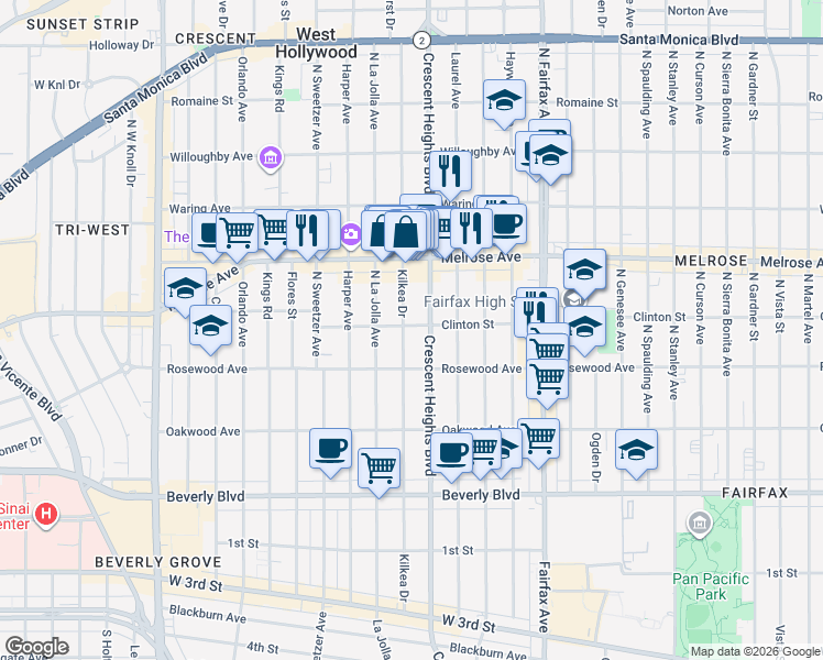 map of restaurants, bars, coffee shops, grocery stores, and more near 542 North Kilkea Drive in Los Angeles
