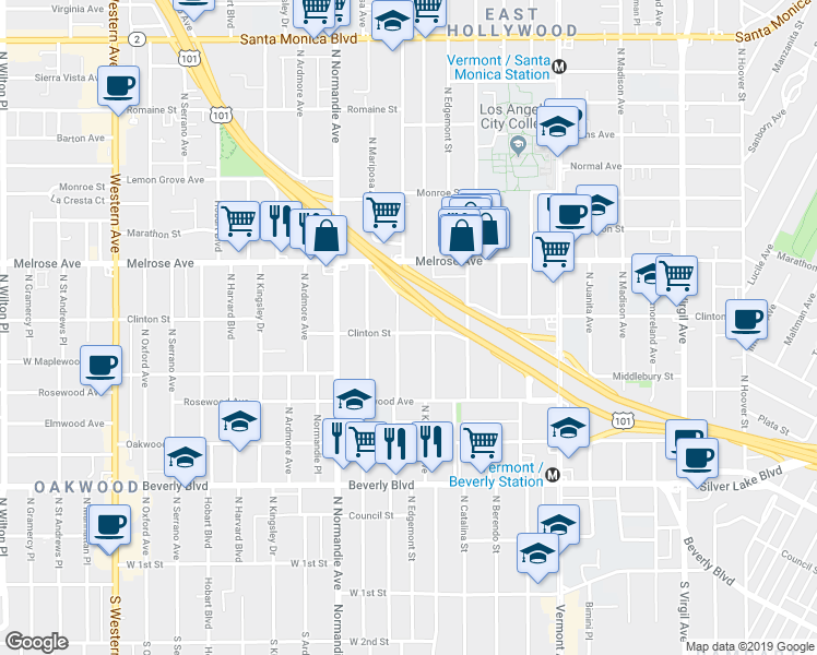 map of restaurants, bars, coffee shops, grocery stores, and more near 4325 Clinton Street in Los Angeles