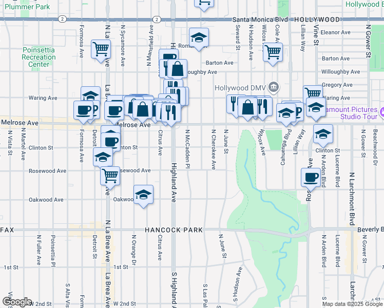 map of restaurants, bars, coffee shops, grocery stores, and more near 536 North McCadden Place in Los Angeles