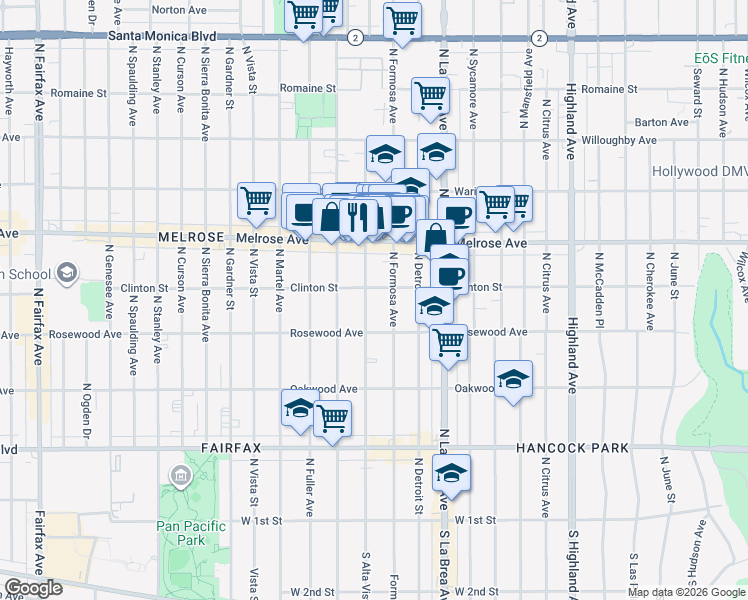 map of restaurants, bars, coffee shops, grocery stores, and more near 538 North Alta Vista Boulevard in Los Angeles