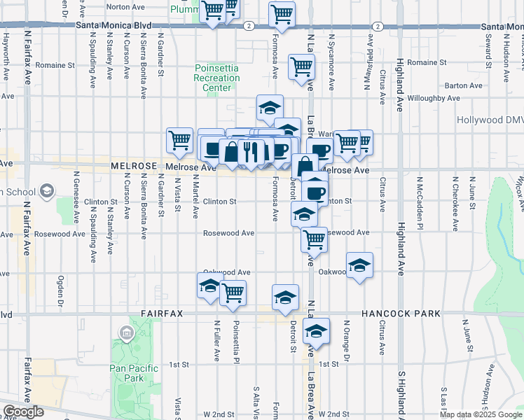 map of restaurants, bars, coffee shops, grocery stores, and more near 538 North Alta Vista Boulevard in Los Angeles