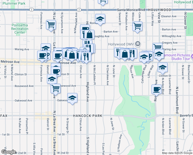map of restaurants, bars, coffee shops, grocery stores, and more near 536 North McCadden Place in Los Angeles