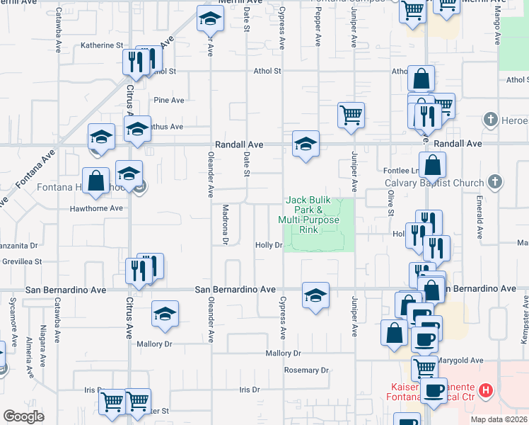 map of restaurants, bars, coffee shops, grocery stores, and more near 9488 Toyon Avenue in Fontana