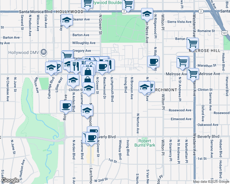 map of restaurants, bars, coffee shops, grocery stores, and more near 584 North Plymouth Boulevard in Los Angeles