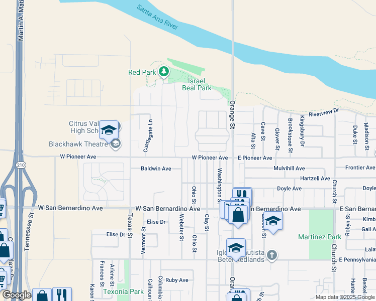 map of restaurants, bars, coffee shops, grocery stores, and more near 325 Deodar Street in Redlands