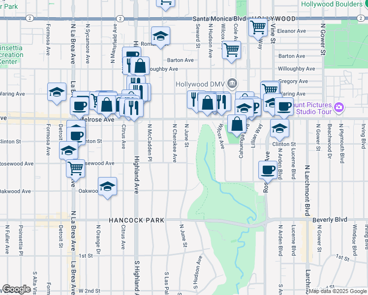 map of restaurants, bars, coffee shops, grocery stores, and more near 537 North June Street in Los Angeles