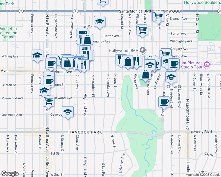 map of restaurants, bars, coffee shops, grocery stores, and more near 536 North Cherokee Avenue in Los Angeles