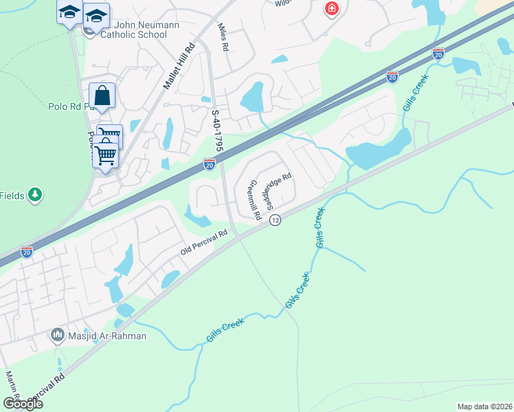 map of restaurants, bars, coffee shops, grocery stores, and more near 114 Greenmill Road in Columbia
