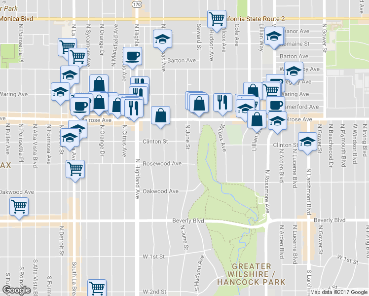 map of restaurants, bars, coffee shops, grocery stores, and more near 537 North June Street in Los Angeles