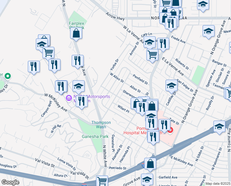 map of restaurants, bars, coffee shops, grocery stores, and more near 1807 Berkeley Avenue in Pomona