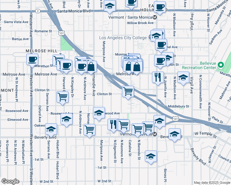 map of restaurants, bars, coffee shops, grocery stores, and more near 4321 Clinton Street in Los Angeles